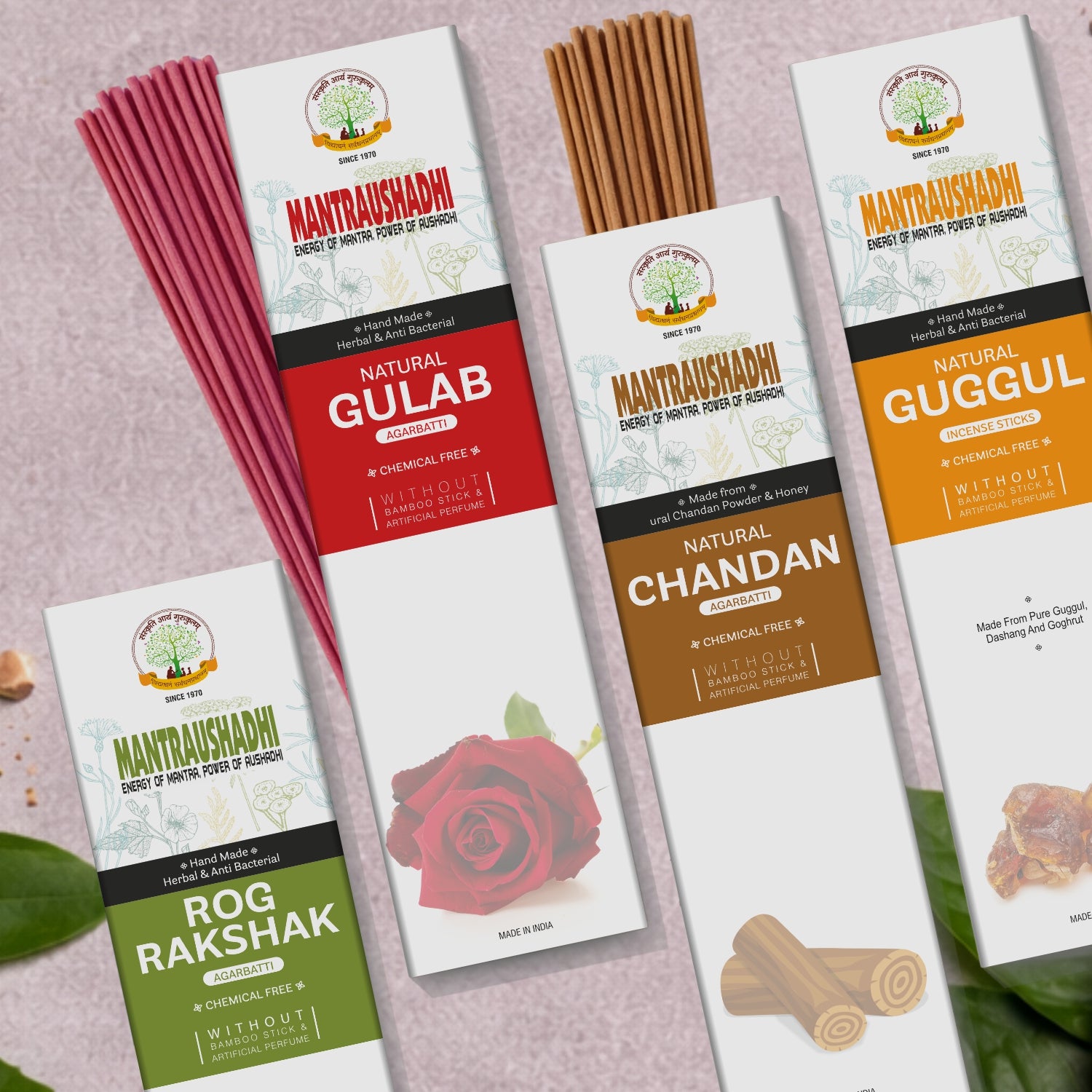 Rose, Chandan, Rog Rakshak & Guggul Fragrance Incense Sticks Pack of 4